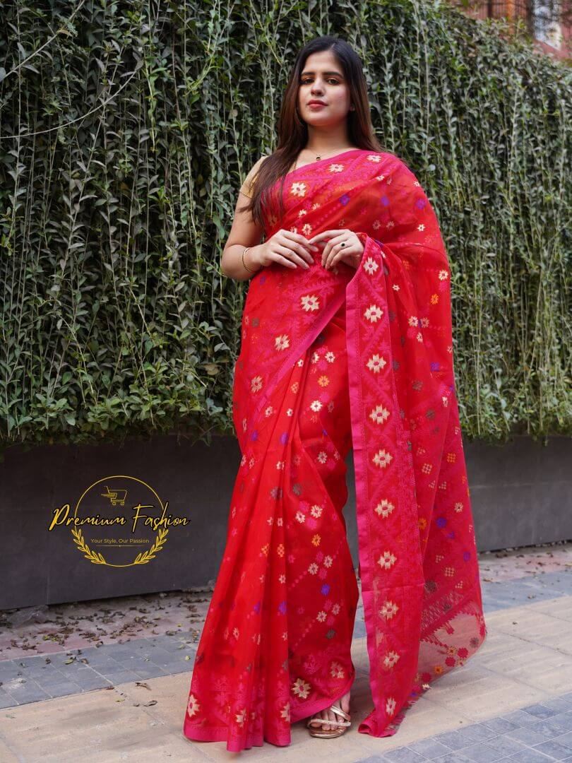 Premium Red Jamdani Saree with Golden Color Intricate 24 Premium Fashion (PF-004)