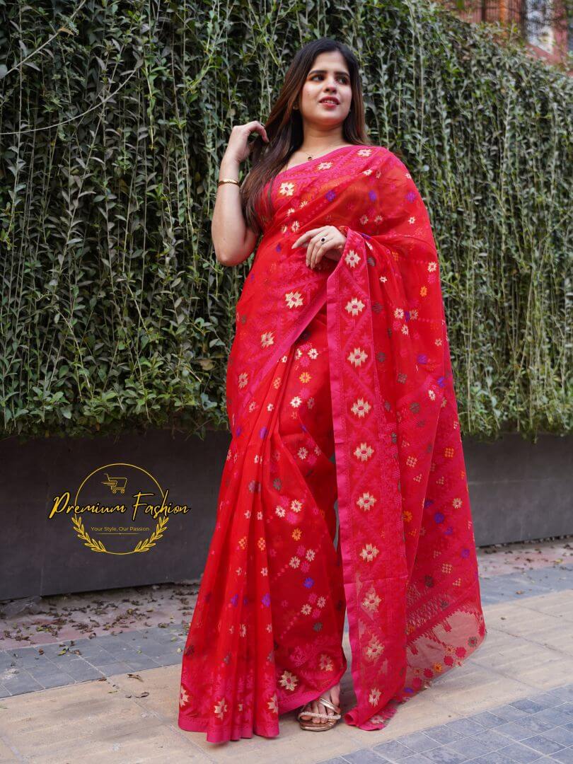 Premium Red Jamdani Saree with Golden Color Intricate 23 Premium Fashion (PF-004)