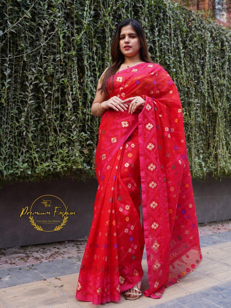 Premium Red Jamdani Saree with Golden Color Intricate 22 Premium Fashion (PF-004)