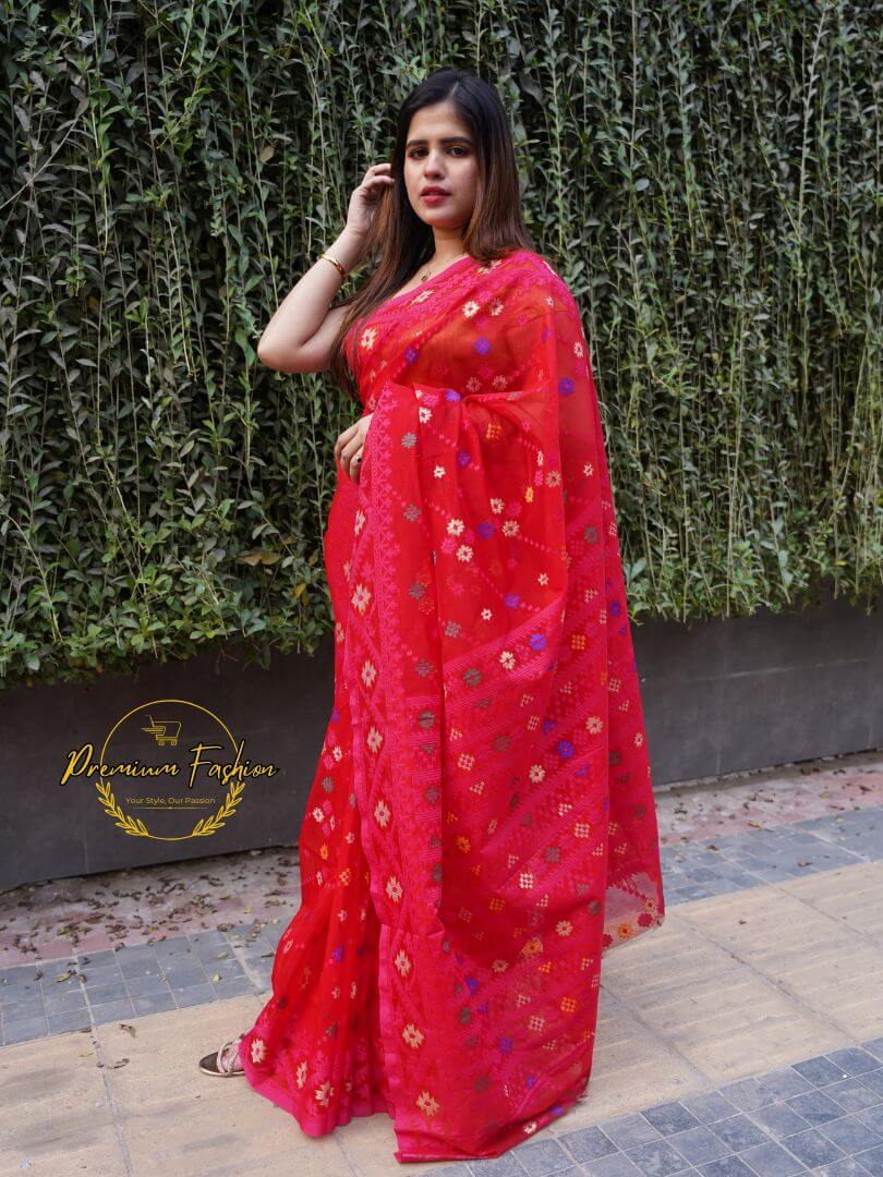 Premium Red Jamdani Saree with Golden Color Intricate 20 Premium Fashion (PF-004)