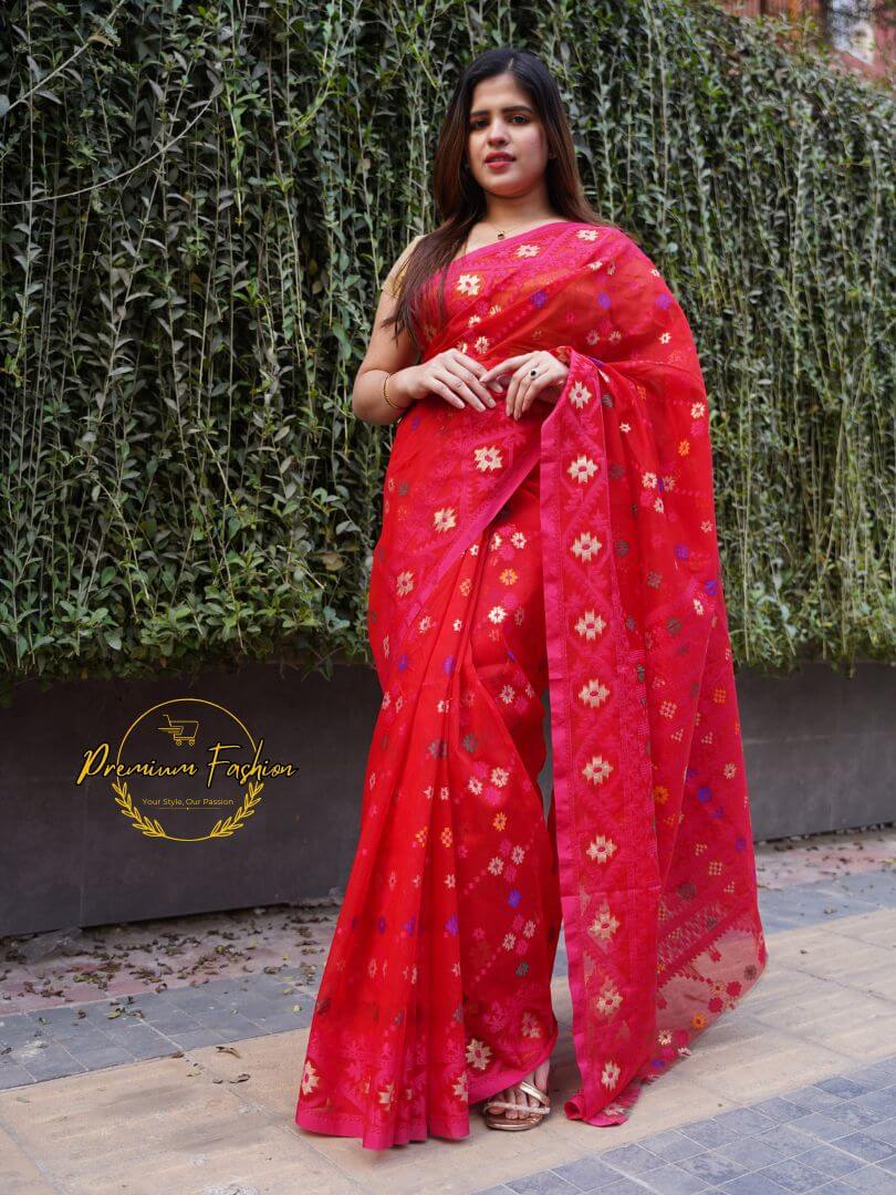 Premium Red Jamdani Saree with Golden Color Intricate 21 Premium Fashion (PF-004)