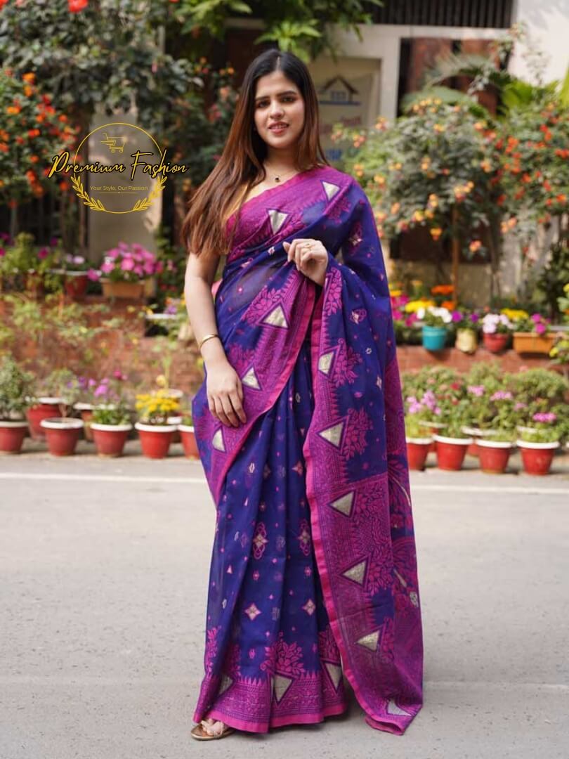 Premium Navy Blue Jamdani Saree With Magenta Color Border 36 Premium Navy Blue Jamdani Saree With Magenta Color Border - Image 2