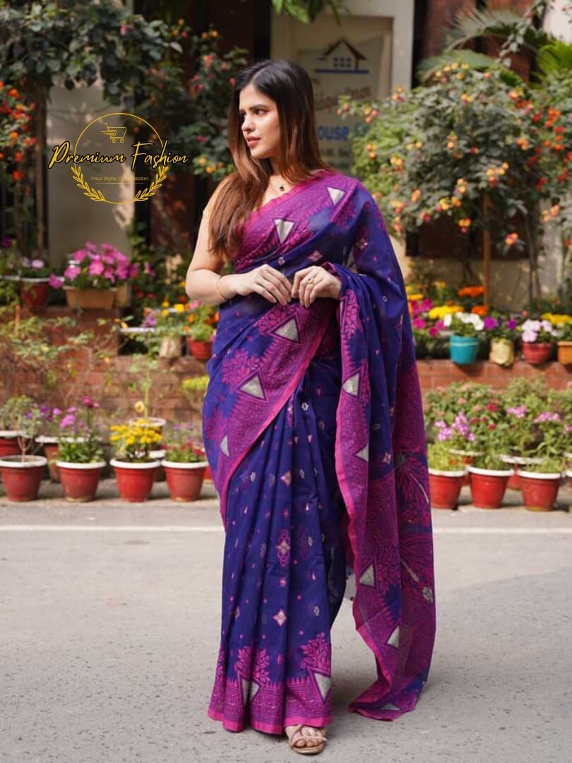 Premium Navy Blue Jamdani Saree With Magenta Color Border 37 Premium Navy Blue Jamdani Saree With Magenta Color Border - Image 3