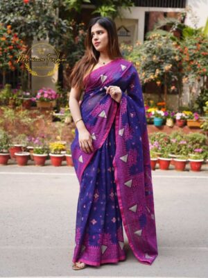 Premium Navy Blue Jamdani Saree With Magenta Color Border