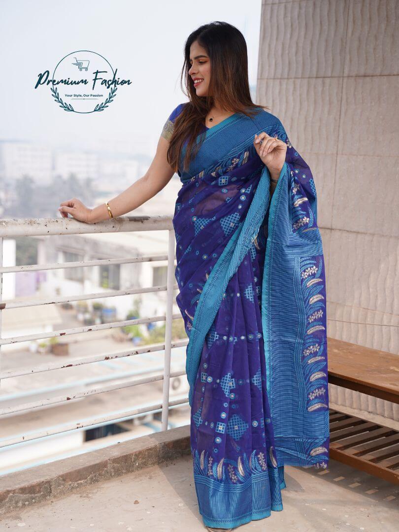 Premium Deep Blue Jamdani Saree With Sky Blue Border 29 Premium Fashion (PF-003)