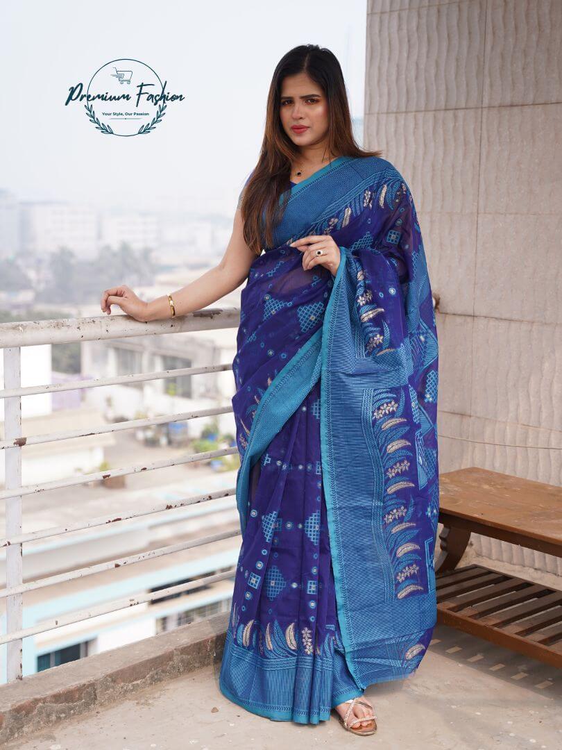 Premium Deep Blue Jamdani Saree With Sky Blue Border 26 Premium Fashion (PF-003)