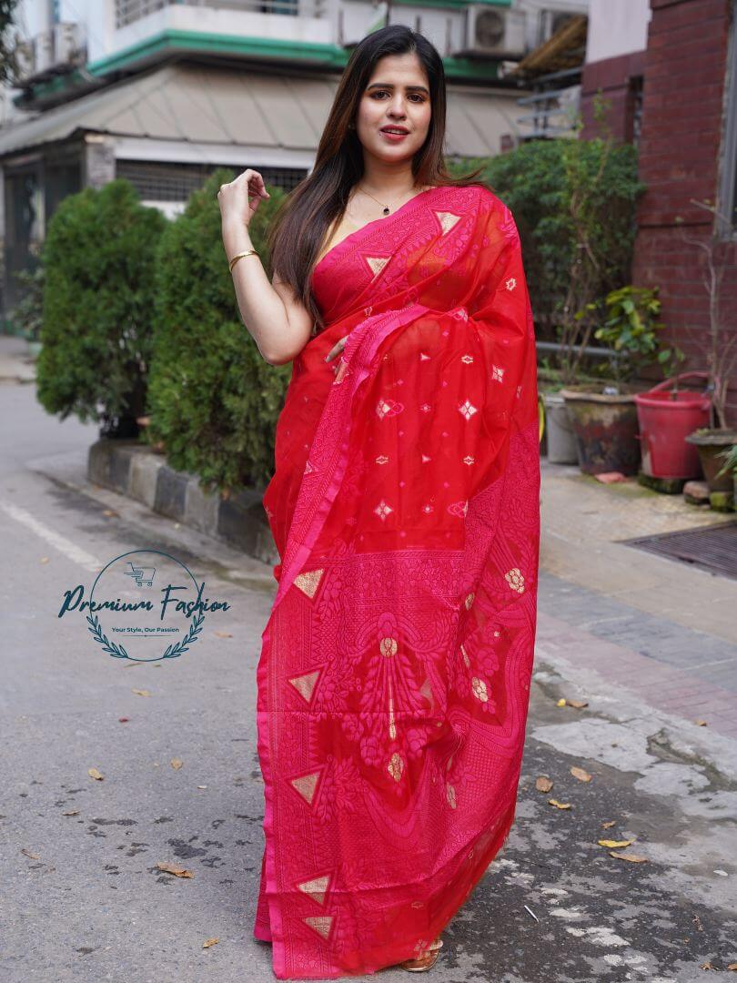 Premium Red Jamdani Half Silk Saree with Gold Color Intricate Work 34 Premium Fashion (PF-006)