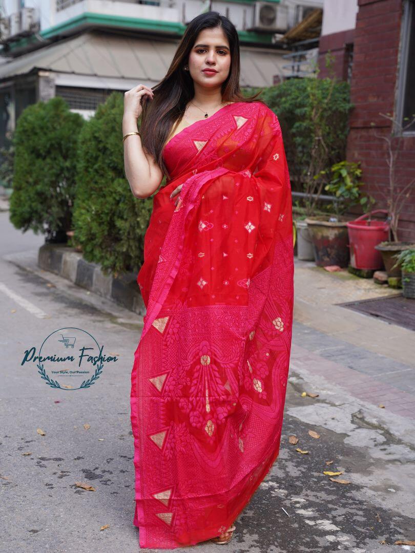 Premium Red Jamdani Half Silk Saree with Gold Color Intricate Work 31 Premium Fashion (PF-006)