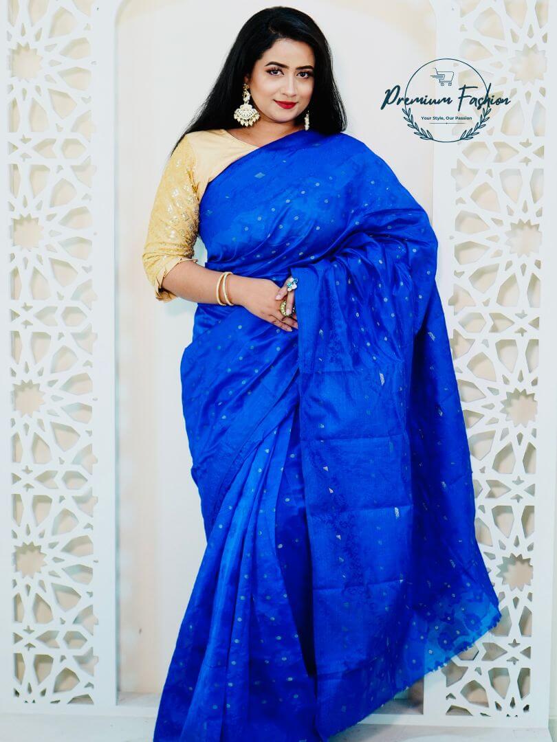 Premium Deep Blue Jamdani Silk Saree with Golden Color Design 4 Premium Fashion (PF-010)