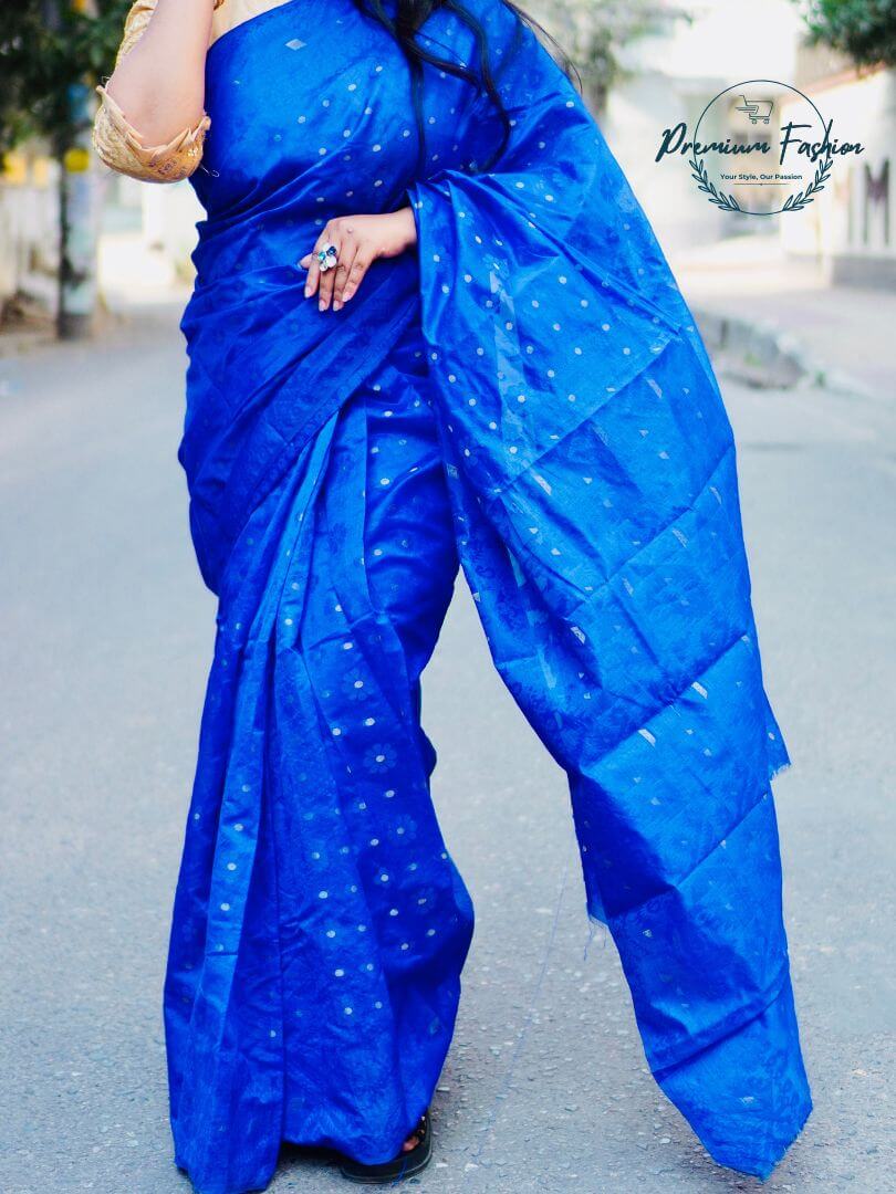 Premium Deep Blue Jamdani Silk Saree with Golden Color Design 5 Premium Fashion (PF-010)