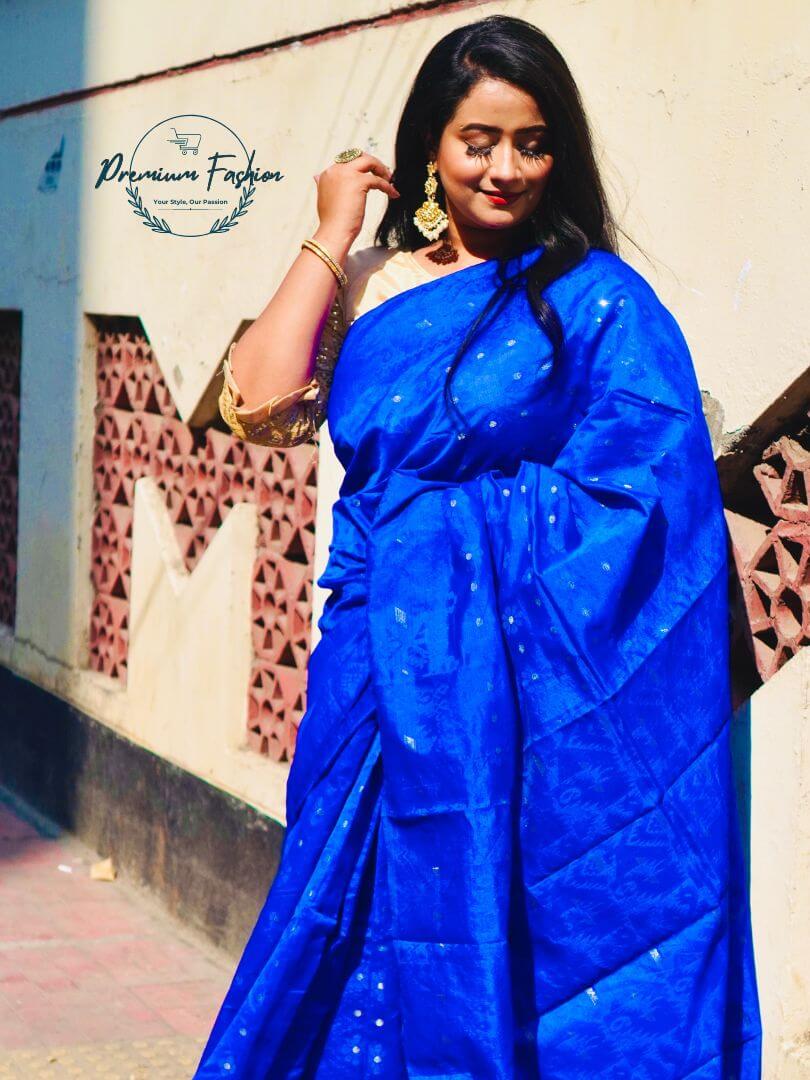 Premium Deep Blue Jamdani Silk Saree with Golden Color Design 6 Premium Fashion (PF-010)
