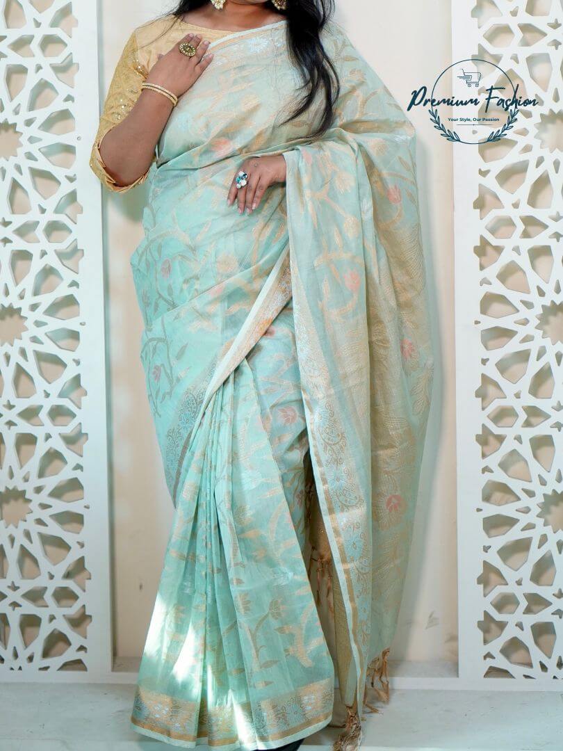 Premium Light Green With Off-White Muslin Cotton Jamdani Saree 8 Premium Fashion (PF-011)