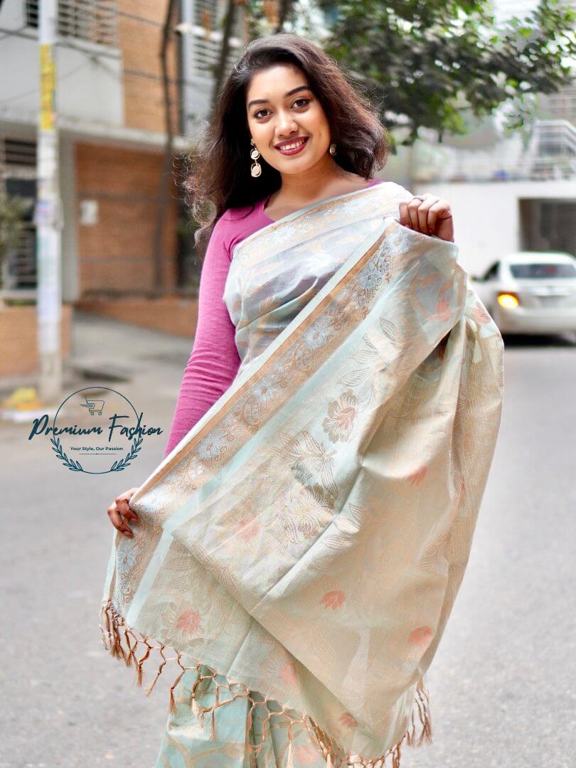 Premium Light Green With Off-White Muslin Cotton Jamdani Saree 10 Premium Fashion (PF-011)