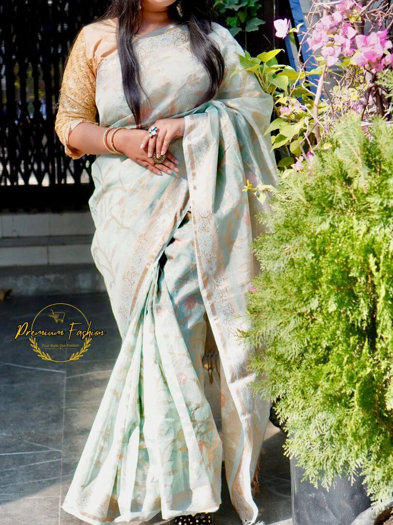 Premium Light Green With Off-White Muslin Cotton Jamdani Saree 9 Premium Fashion (PF-011)
