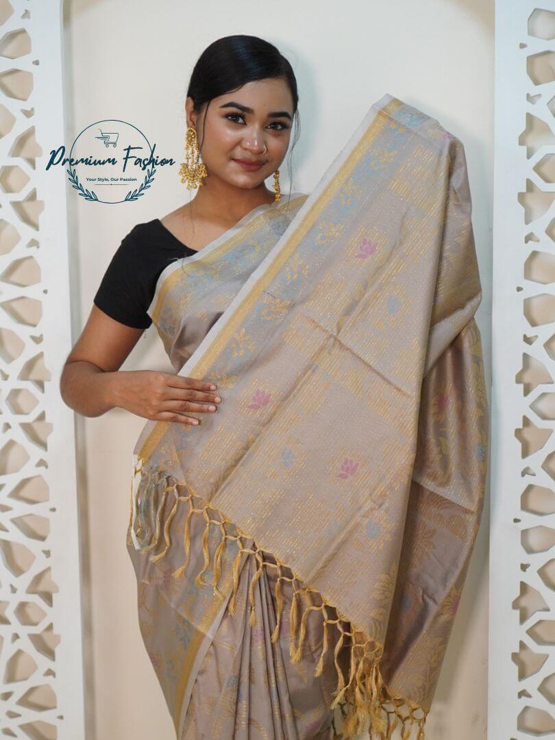 Premium Light Golden Muslin Cotton Saree with Tassel 14 Premium Fashion (PF-015)