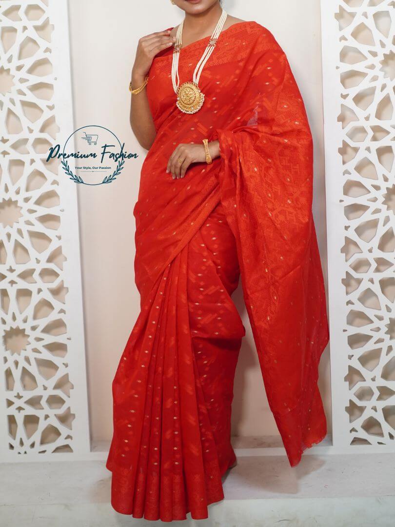 Vibrant Red Premium Benarasi Cotton Silk Saree With Golden Designs 18 Premium Fashion (PF-016)